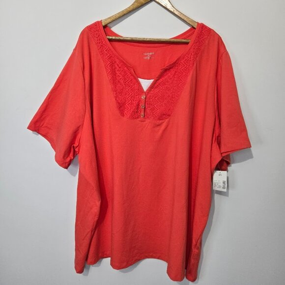 NWT Catherines Henley Short Sleeve T-Shirt Size 4X Stretch Boho Lace Feminine - Picture 1 of 9